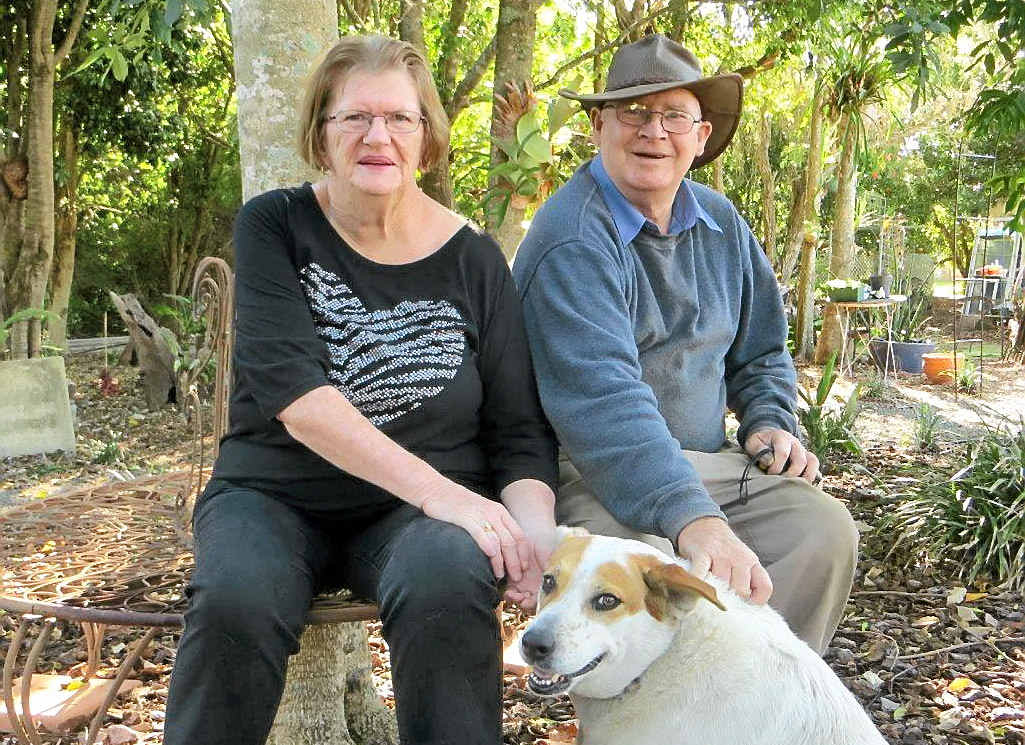 KEEN ON ROSELLAS: Don and Lil O’Donnell, Gympie Horticultural Society members, rest in their Fisher Rd garden with their dog Harley. KEEN ON ROSELLAS: Don and Lil O’Donnell, Gympie Horticultural Society members, rest in their Fisher Rd garden with their dog Harley.